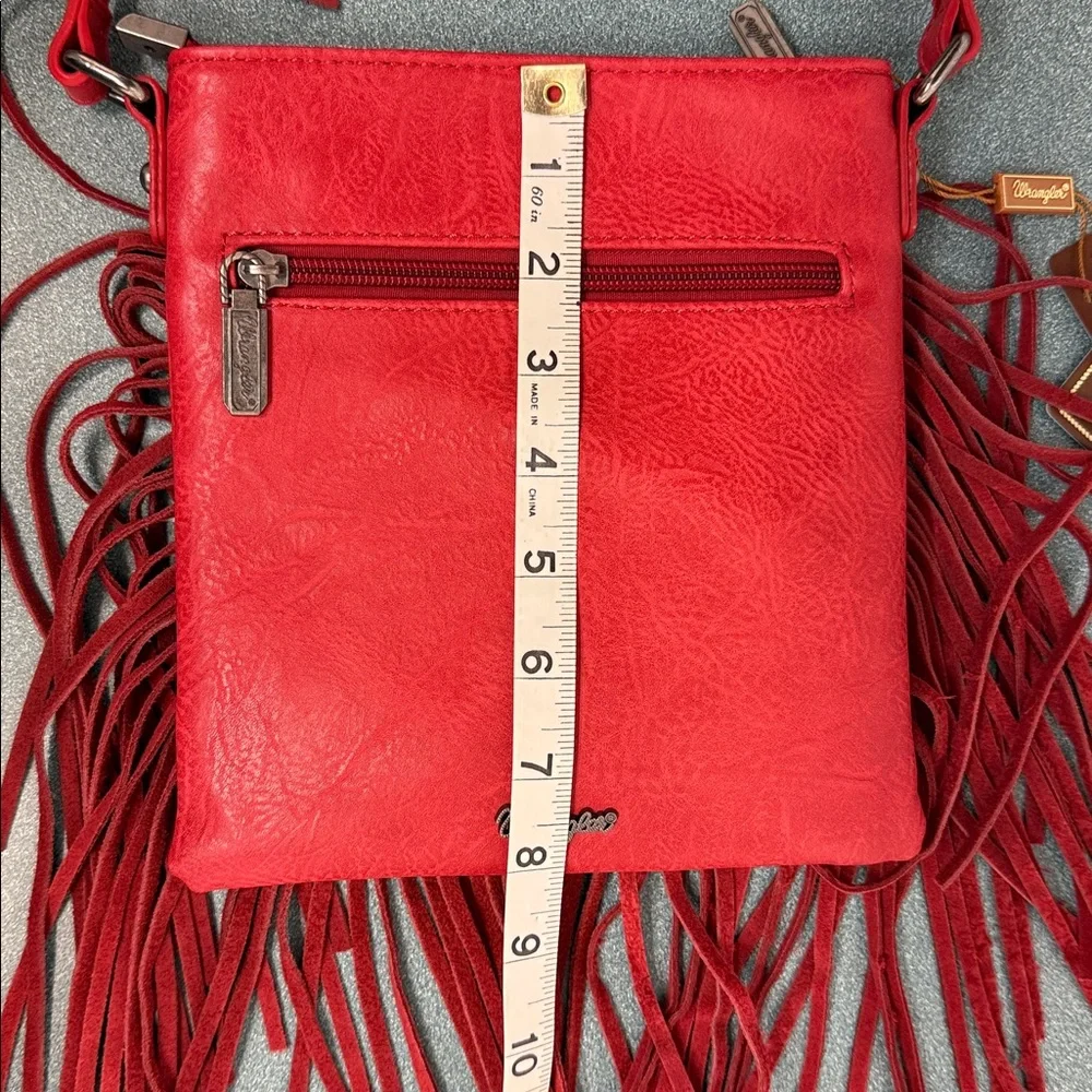 Wrangler Leather Fringe Denim Red Crossbody Bag - Picture 13 of 15